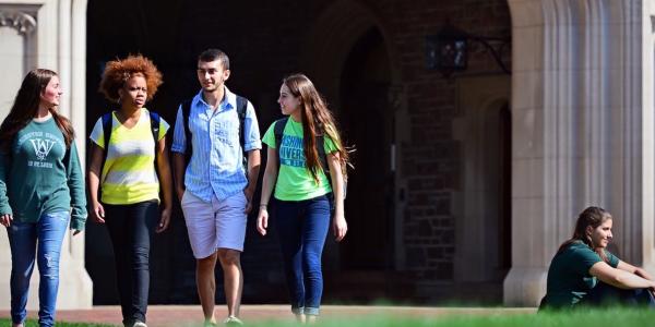 students walking outside of Brookings Hall