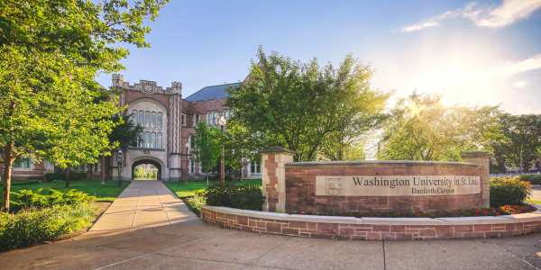 View of Washington University in St. Louis sign in front of campus