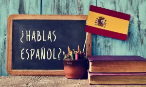 "hablas espanol written on small black chalkboard with flag next to it"