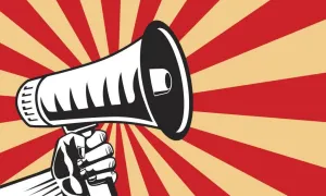 "white megaphone with tan and red stripes behind it"