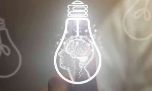 "upside down light bulb with outline of head and brain inside"