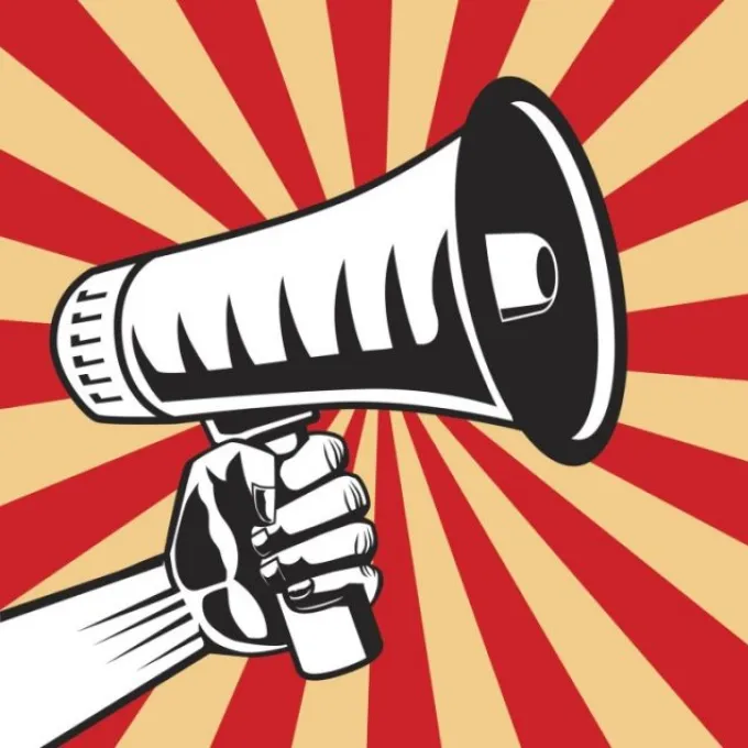 "white megaphone with tan and red stripes behind it"