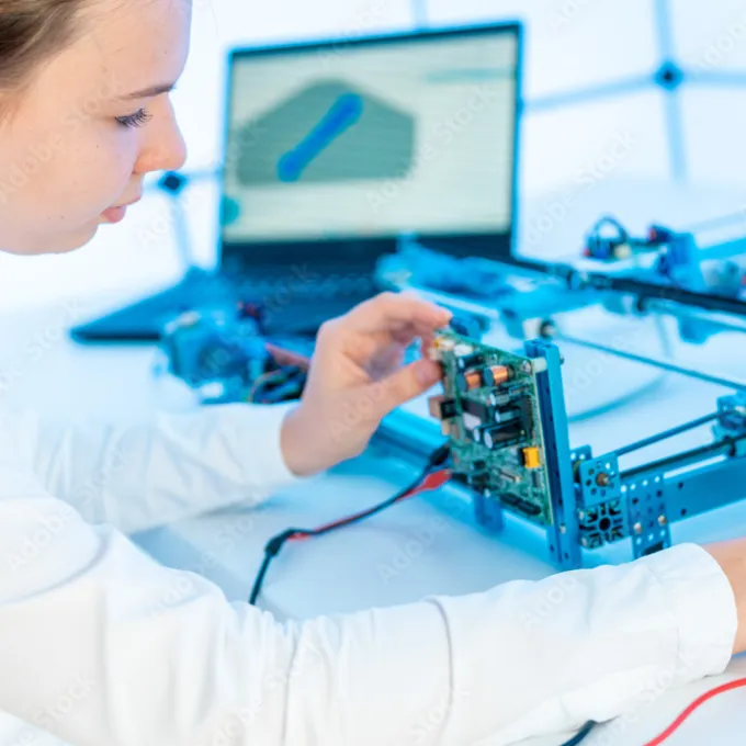 schoolgirl at a physics lesson working with an optical measuring device in a school laboratory